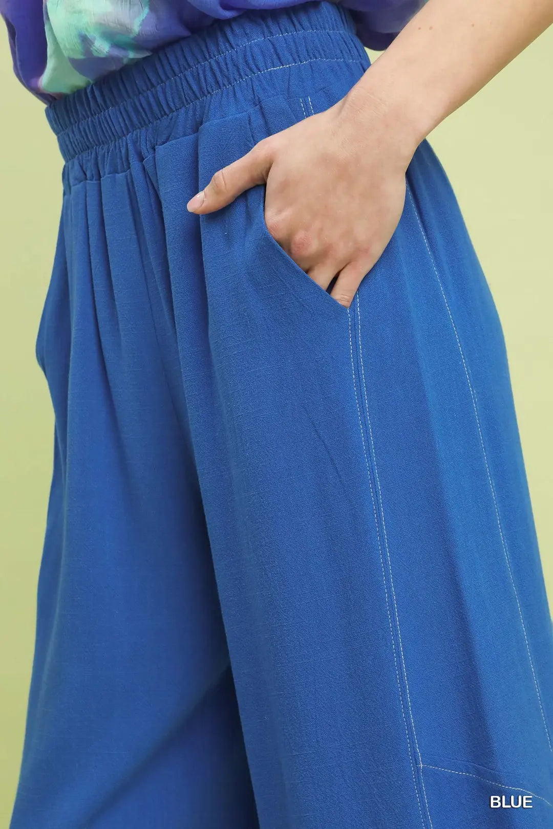 Blue Linen Elastic Wide Leg Pants