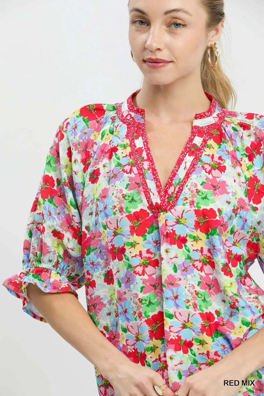 Red Mix Floral Print Ruffle Top