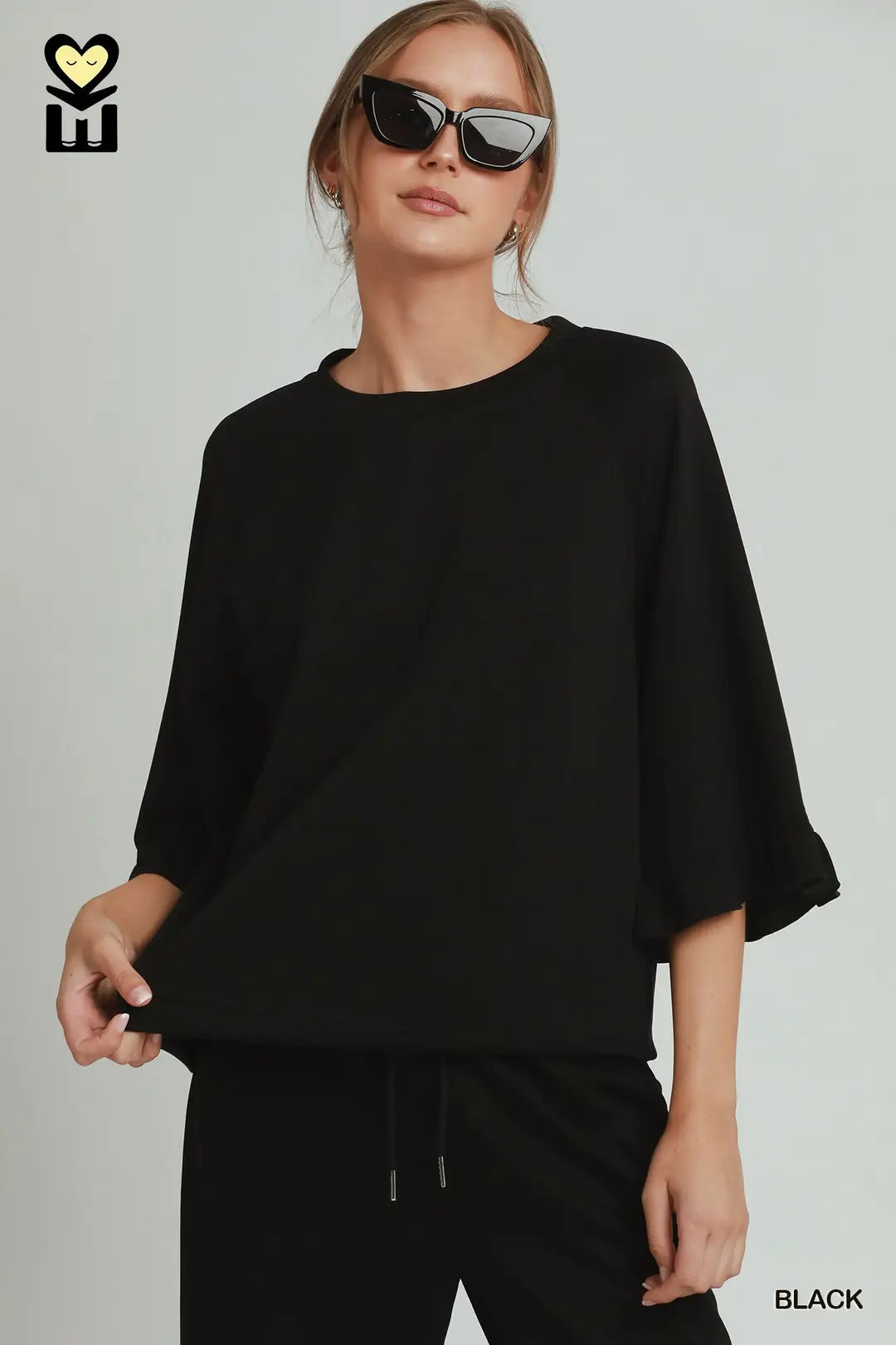 Black Round Neck Ruffle Sleeve Top
