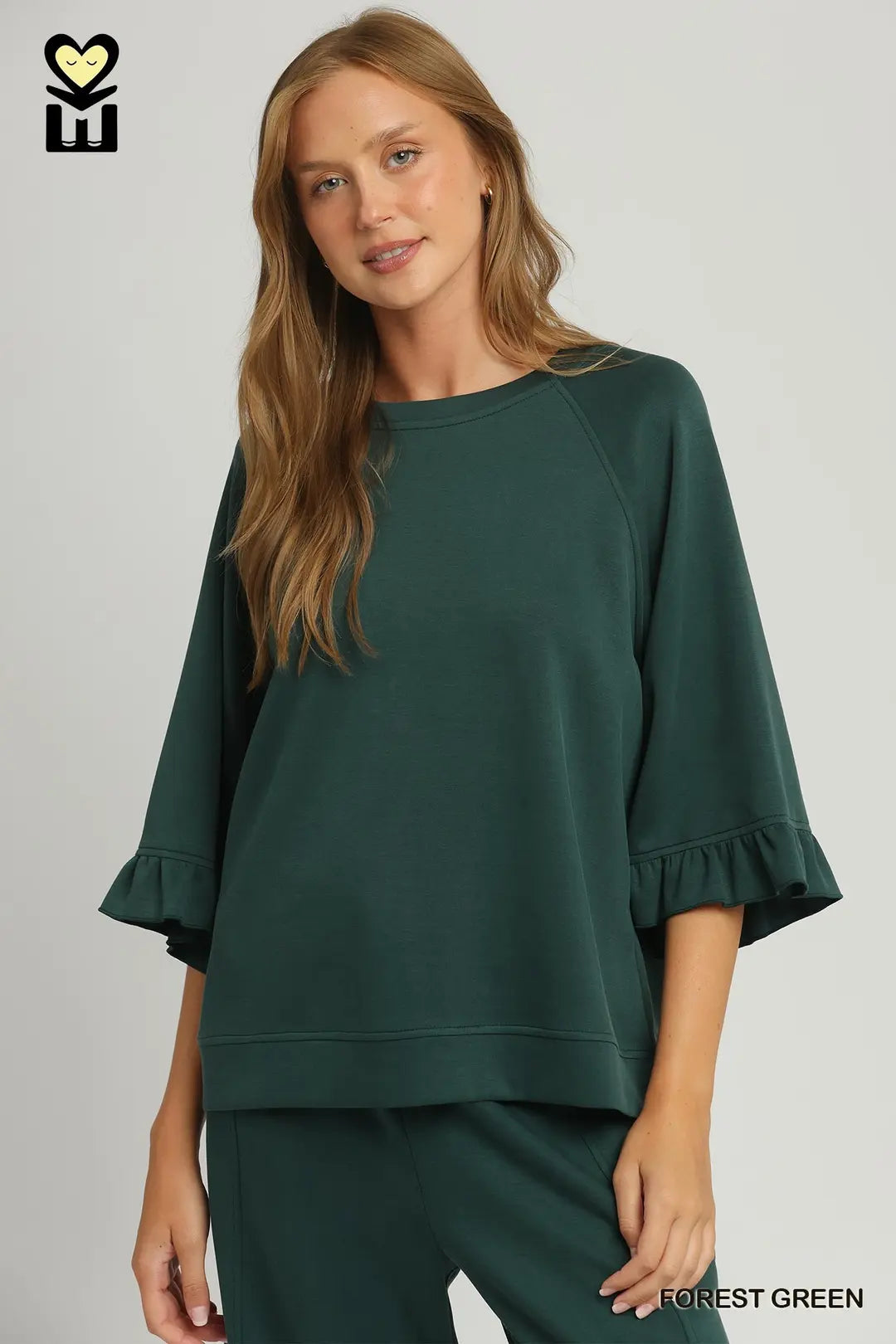 Forest Green Round Neck Ruffle Sleeve Top