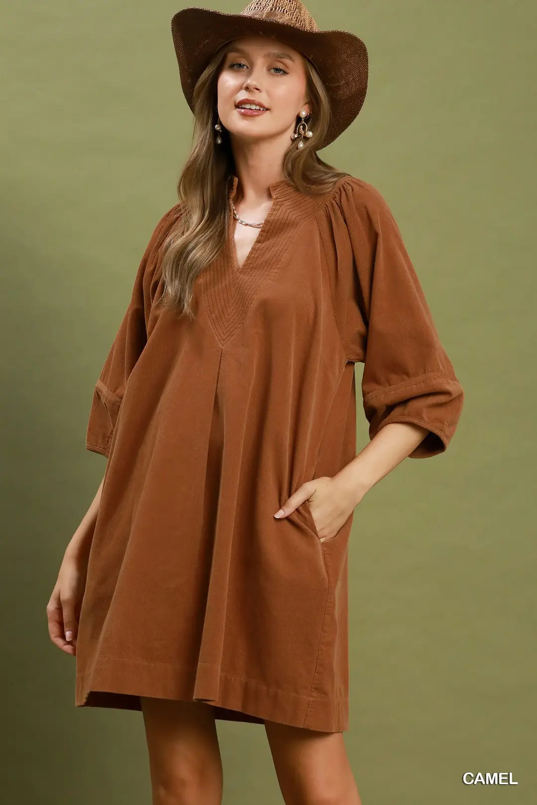 Camel Corduroy Puff Sleeve Dress