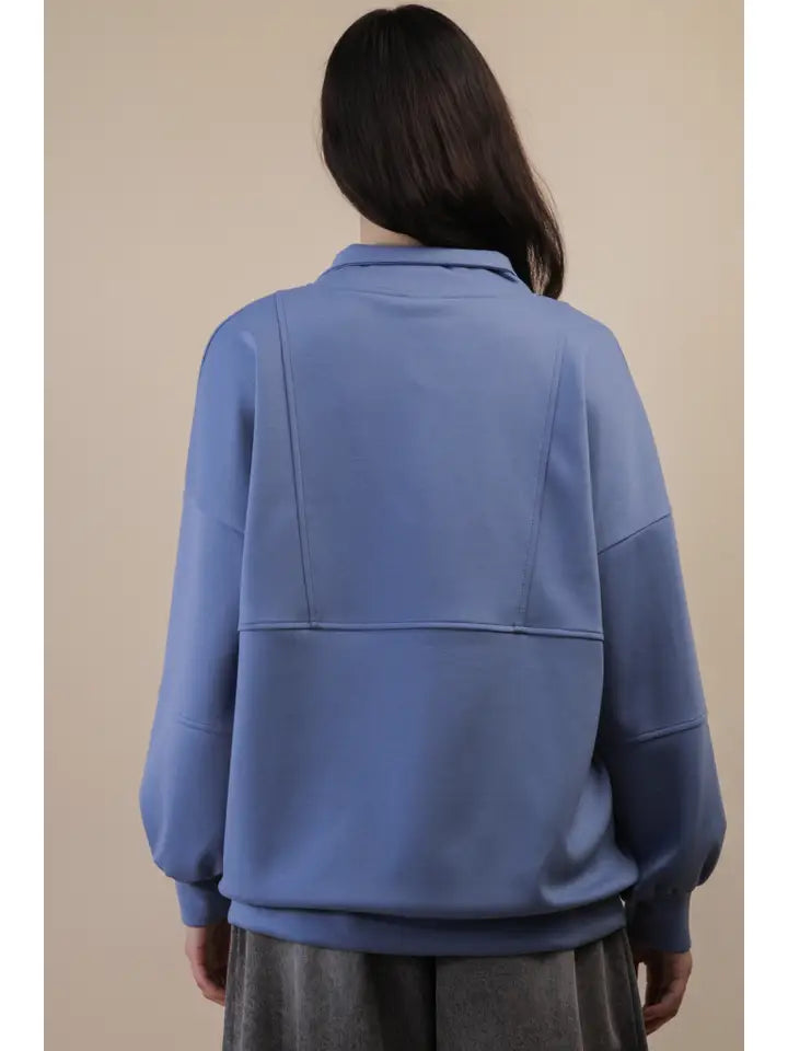 Denim Half Zip Up Oversized Knit Top