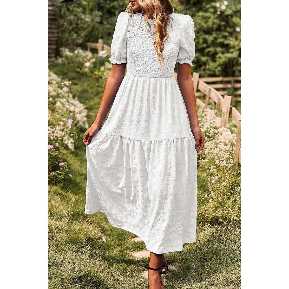 Pleated White Tiered Solid Dress