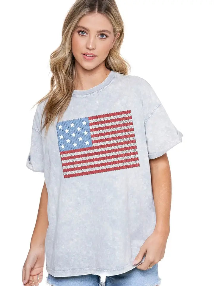 Grey Denim Puff American Flag Graphic Tee