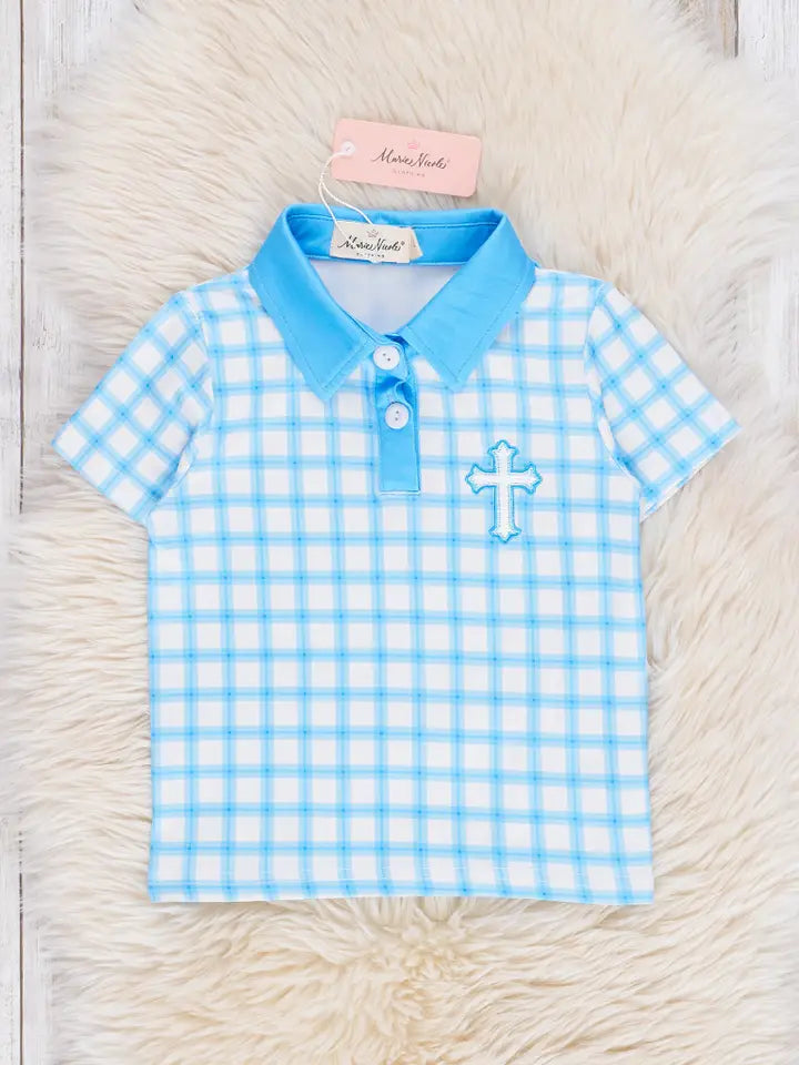 Blue Plaid Embroidered Cross Polo Shirt