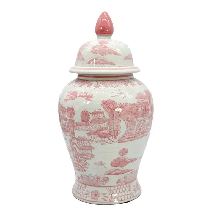 Pink & White Chinoiserie Ceramic Jar 18"