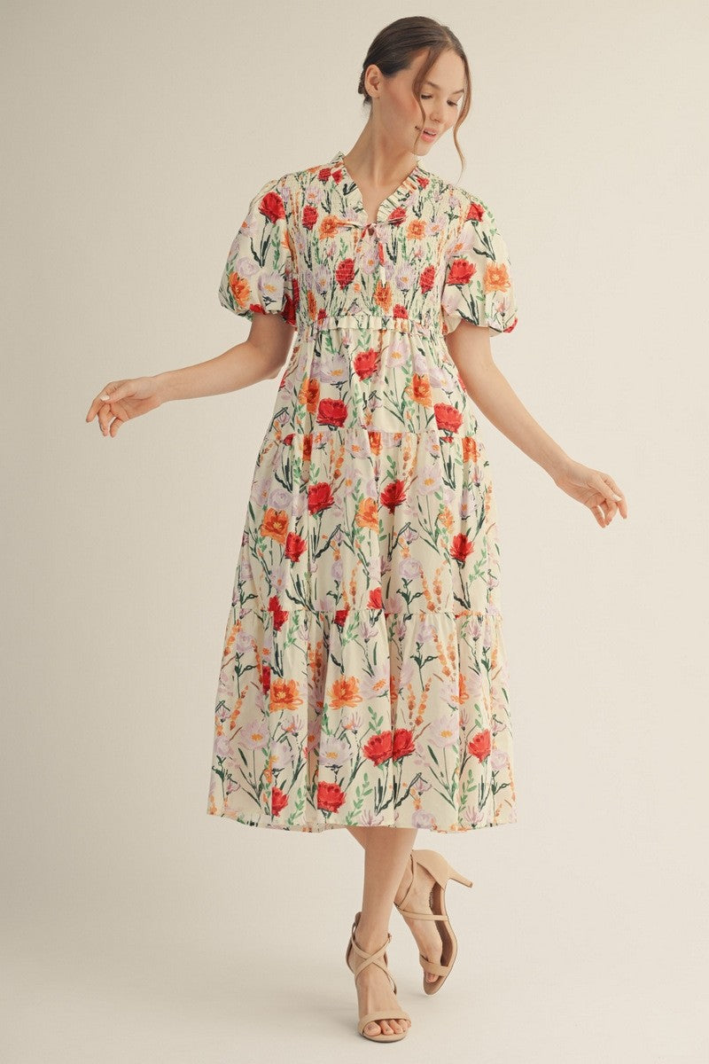 Red Mix Floral Midi Dress