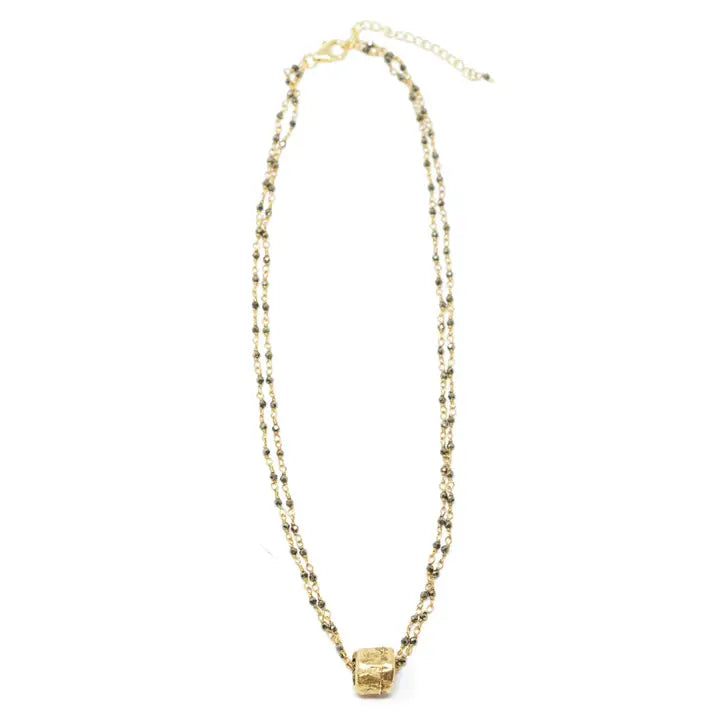 Small Gold Barrel On Double Pyrite Necklace