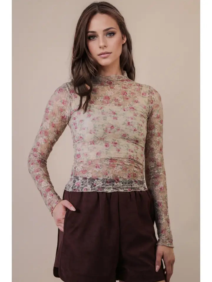 Beige Floral Mesh Top