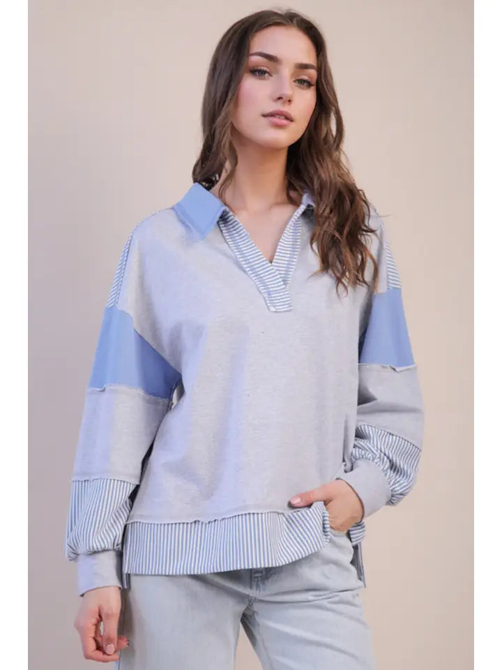 Gray and Blue Solid Stripe Top