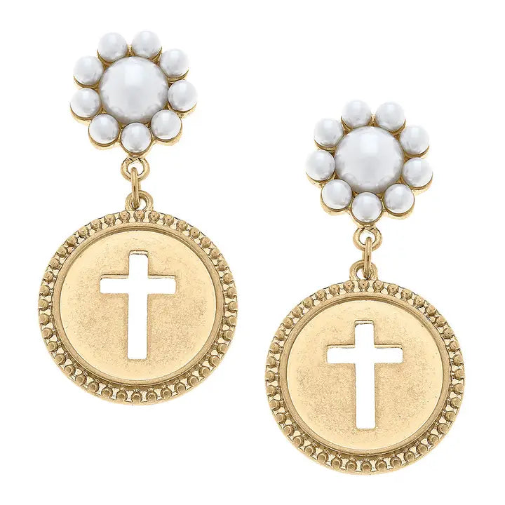 Candace Coin Cross Pearl Drop Earrring