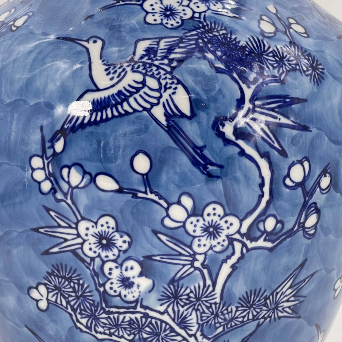 Blue & White Crane & Flares Chinoiserie Ceramic Vase