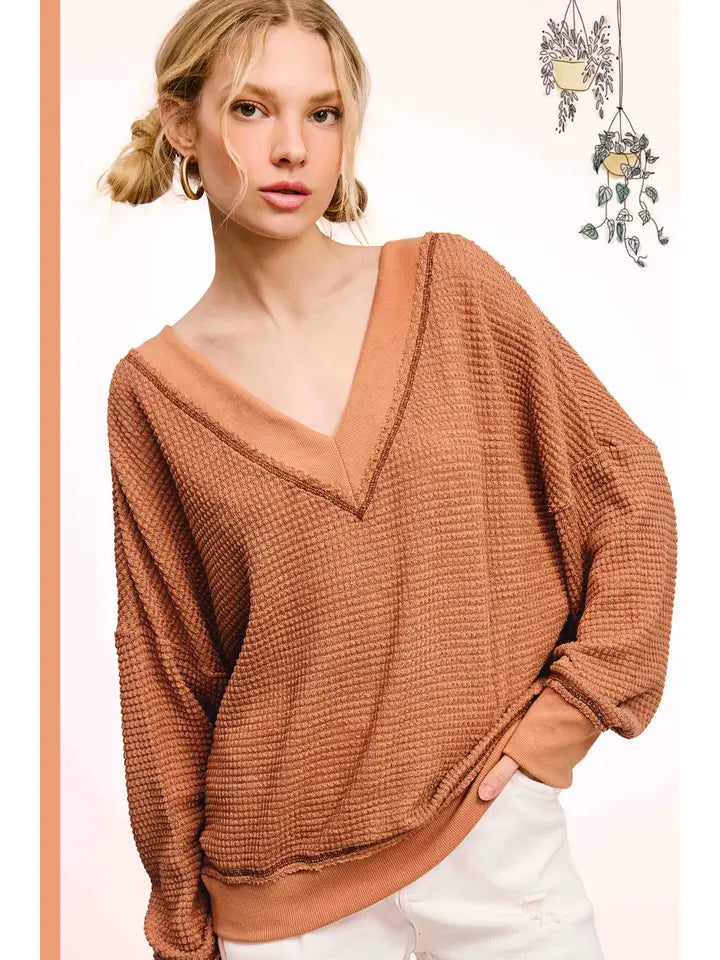 Ginger Loose Fit V-Neck Waffle Knit Top