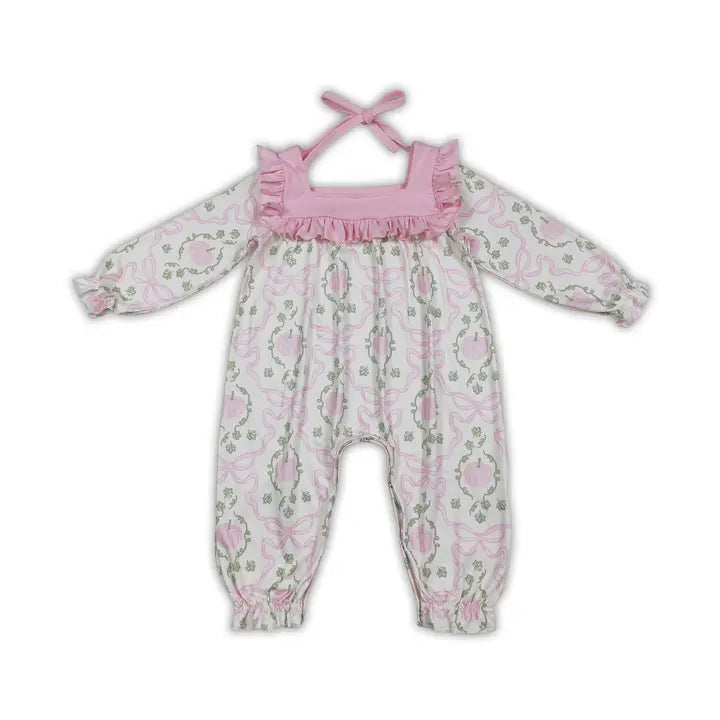 Long Sleeves Pink Bow Pumpkin Romper