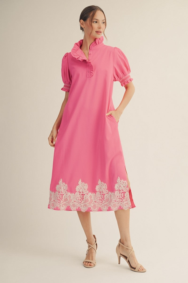 Hot Pink Applique Lace Trim Dress
