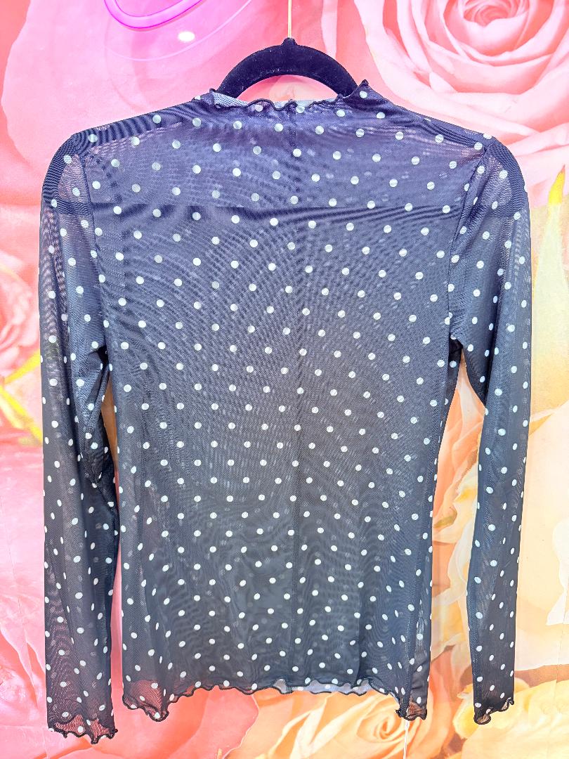 Black Polka Dot Mesh Long Sleeve Top