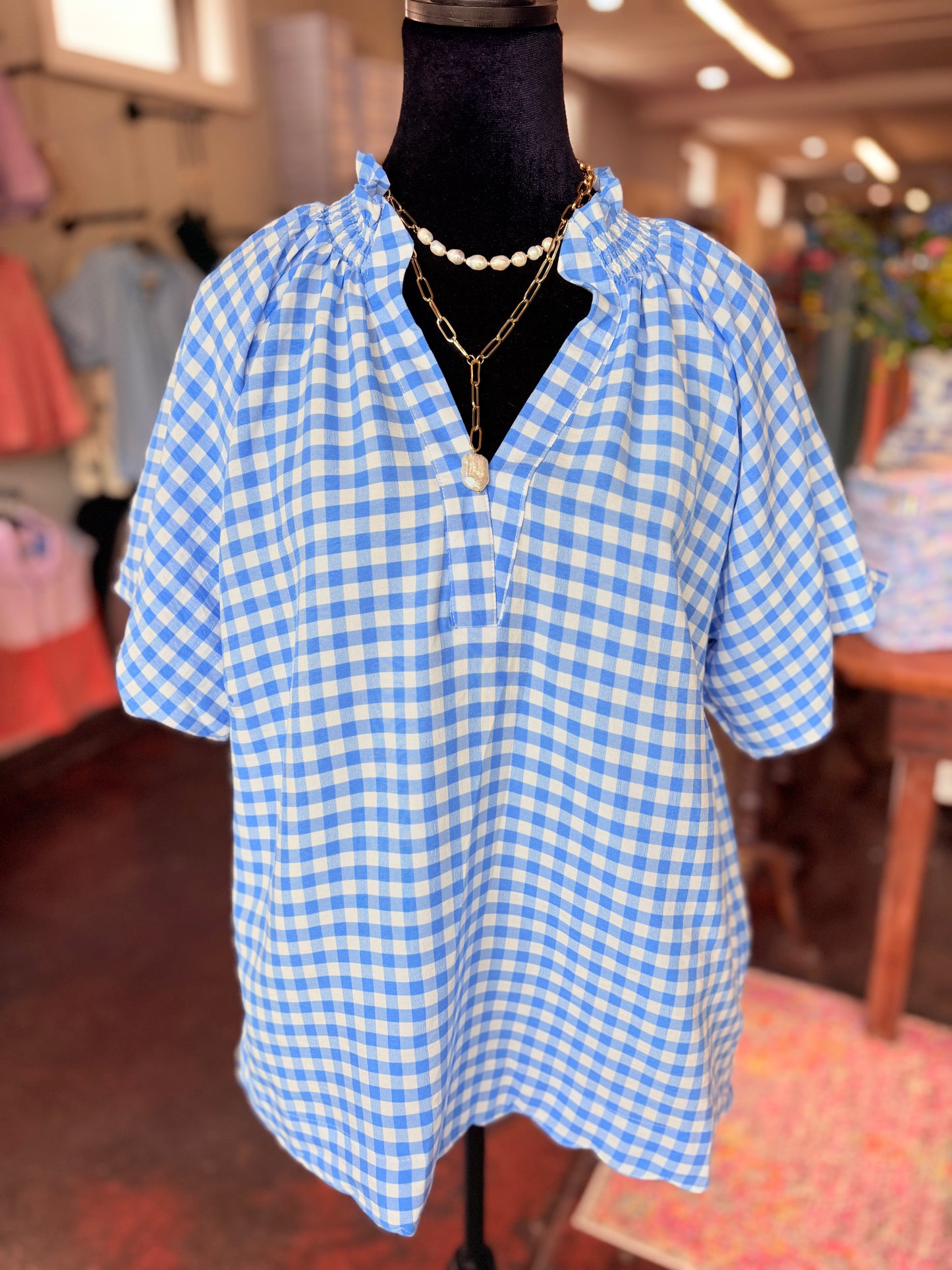 Blue Gingham Bubble Sleeve Blouse