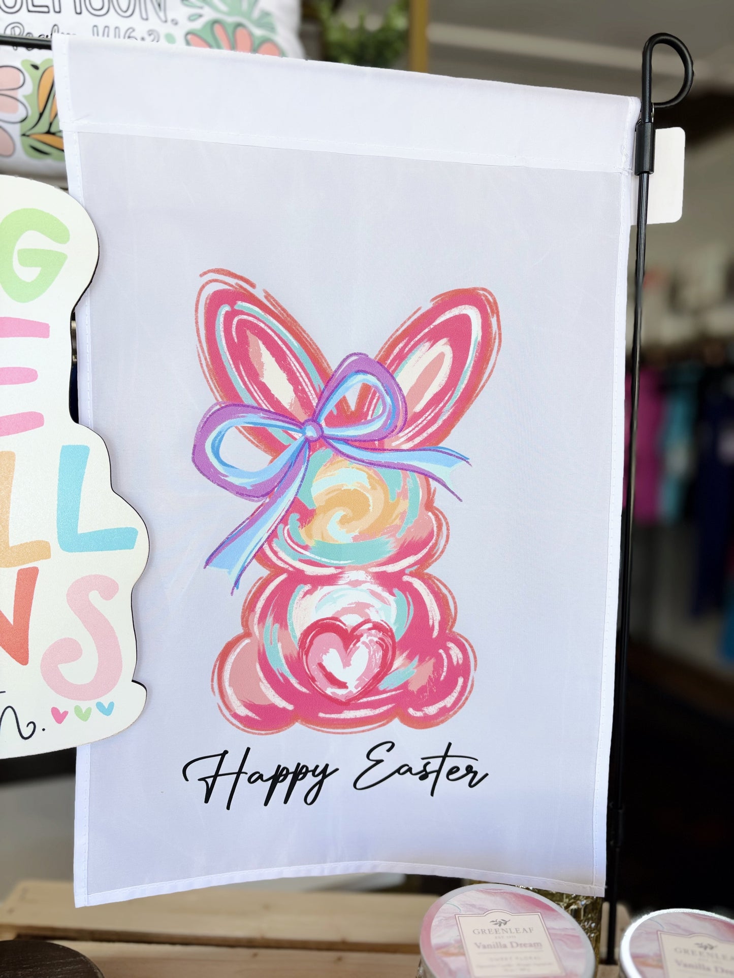 White Happy Easter Colorful Bunny Flag