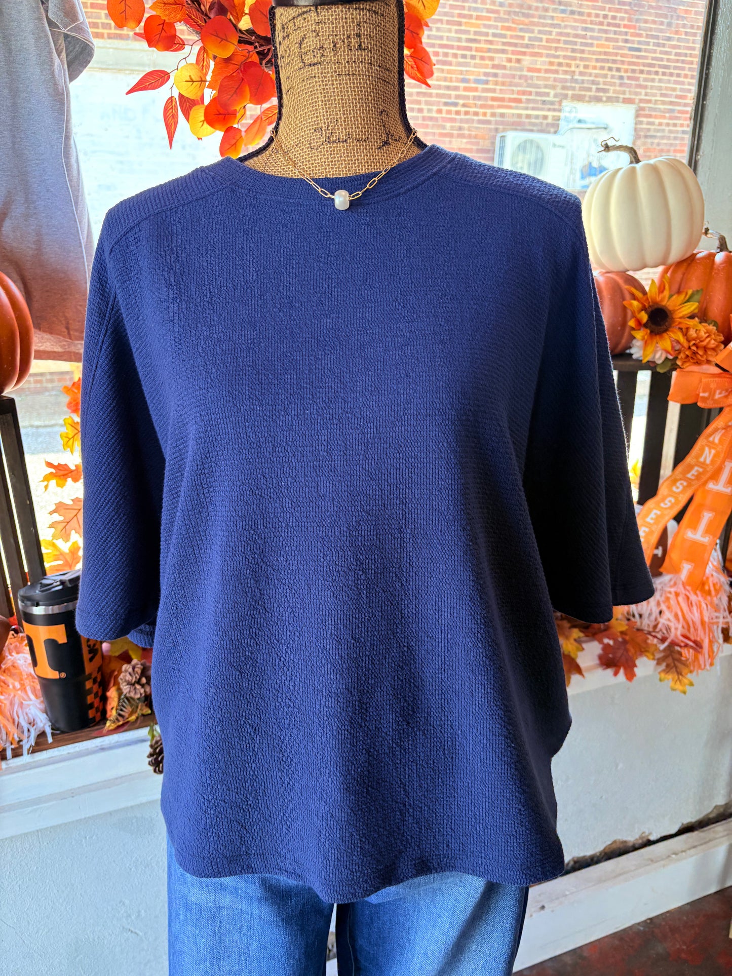 Navy Cloudy Knit 3/4 Sleeve Top