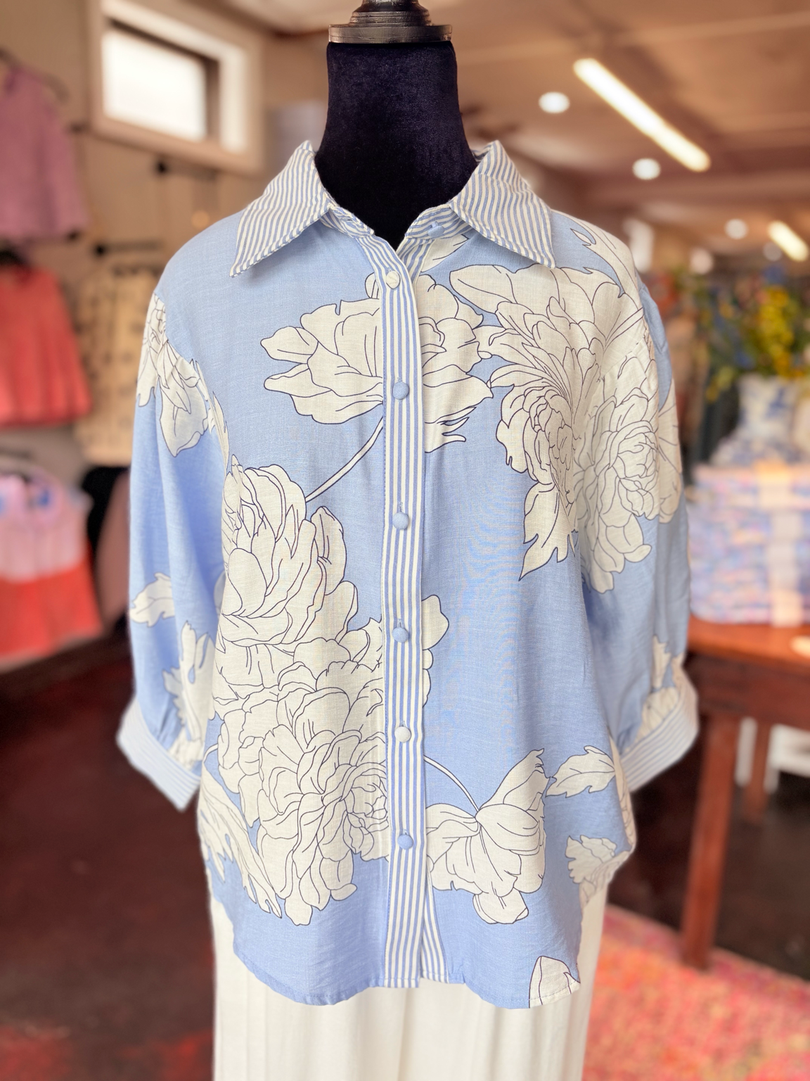 Plus Misty Blue Floral Print Blouse