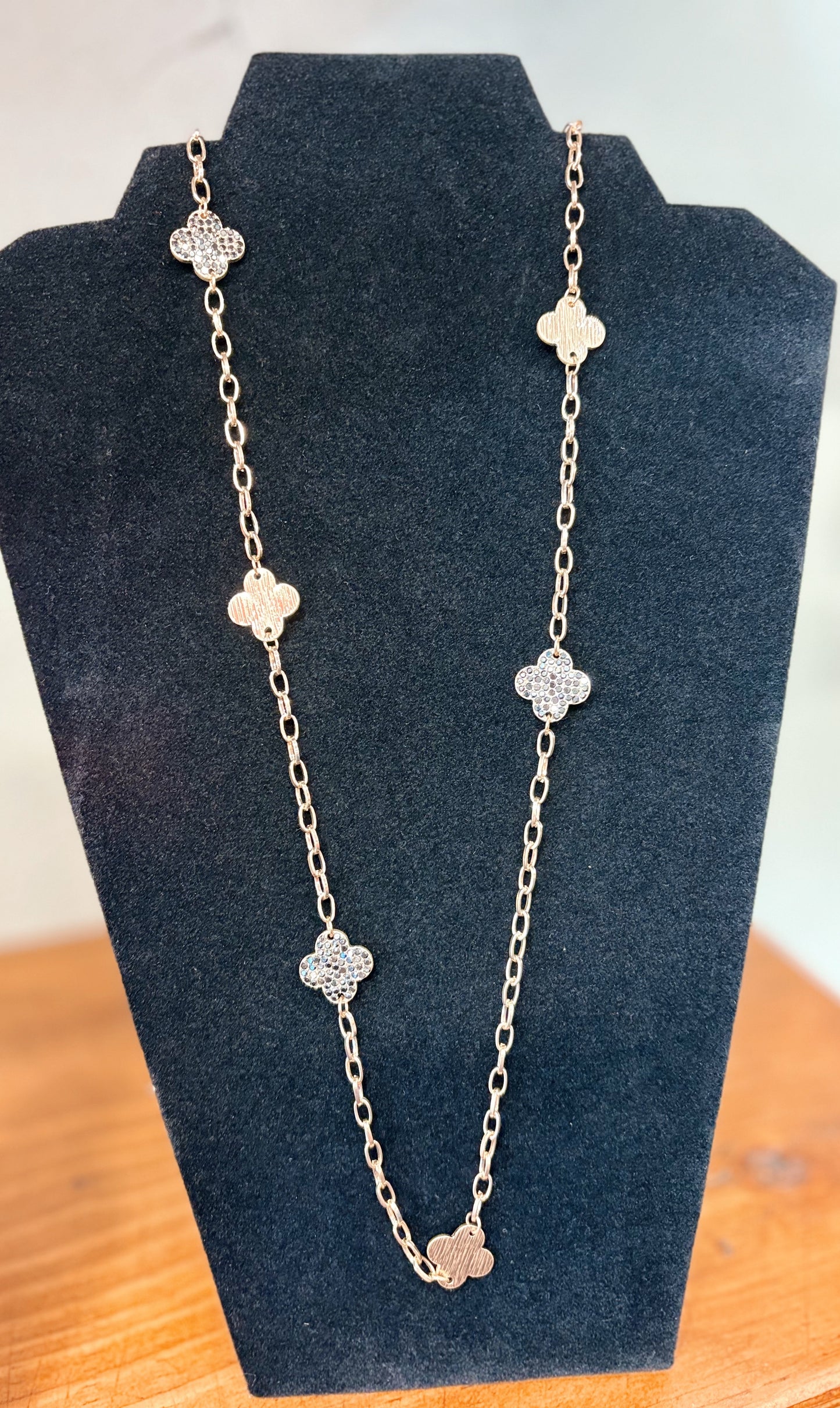Worn Black Diamond Pave and Metal Clover 36" Necklace