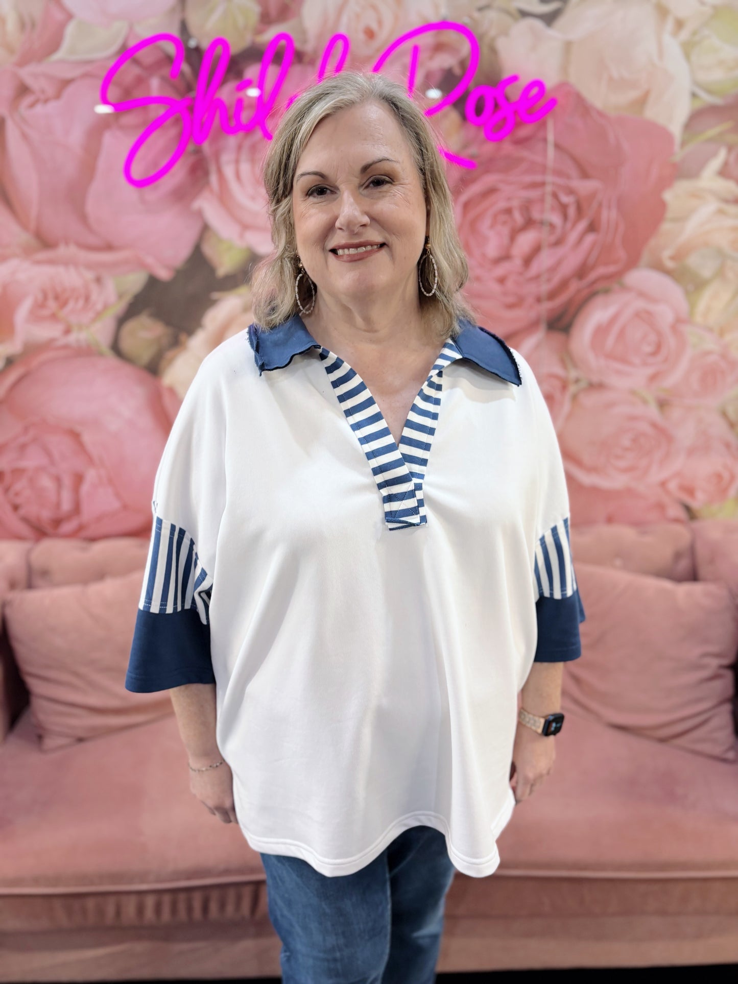 Plus Color Block French Terry Collared Top