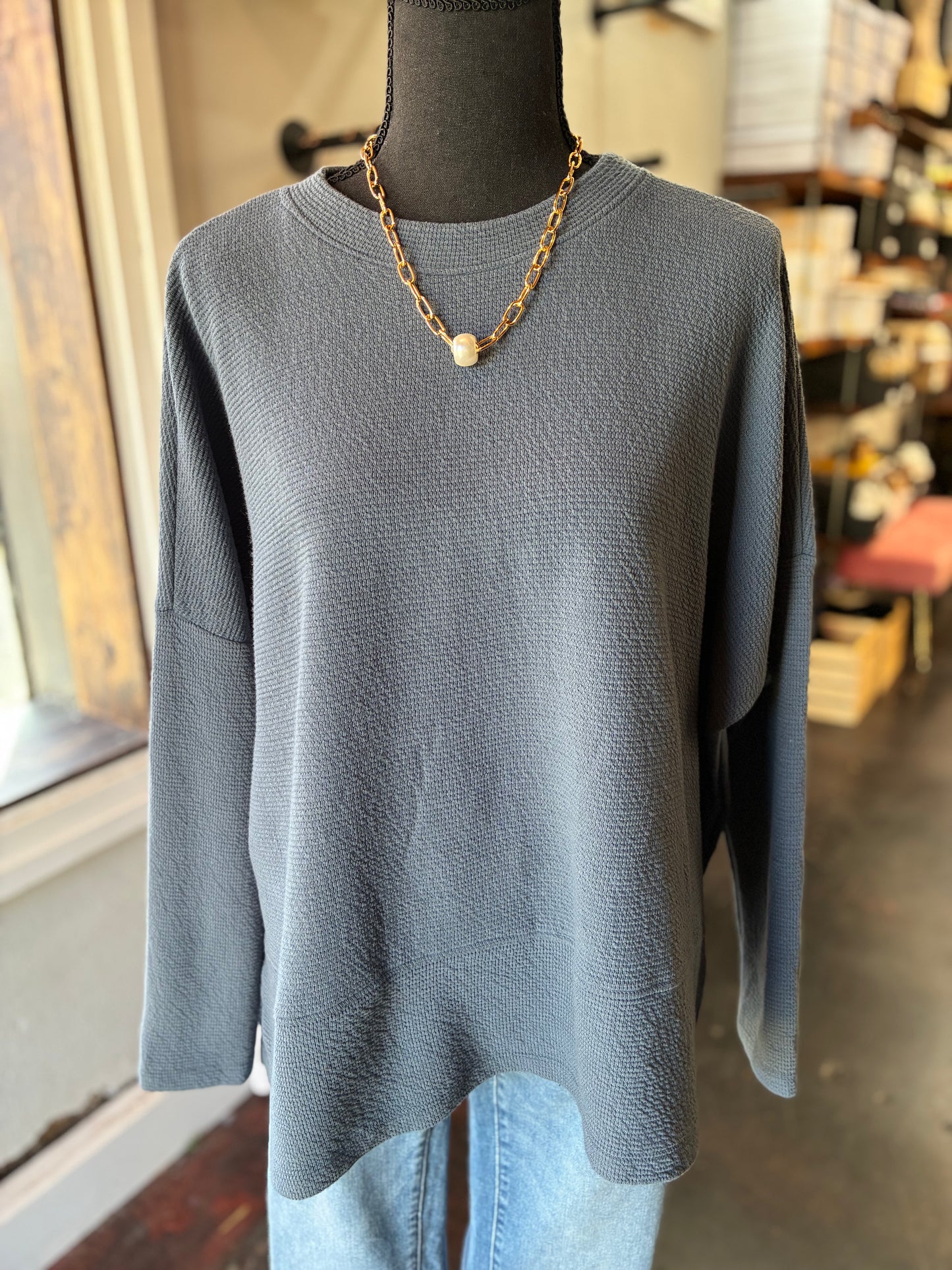 Long Sleeve Denim Cloudy Knit Top