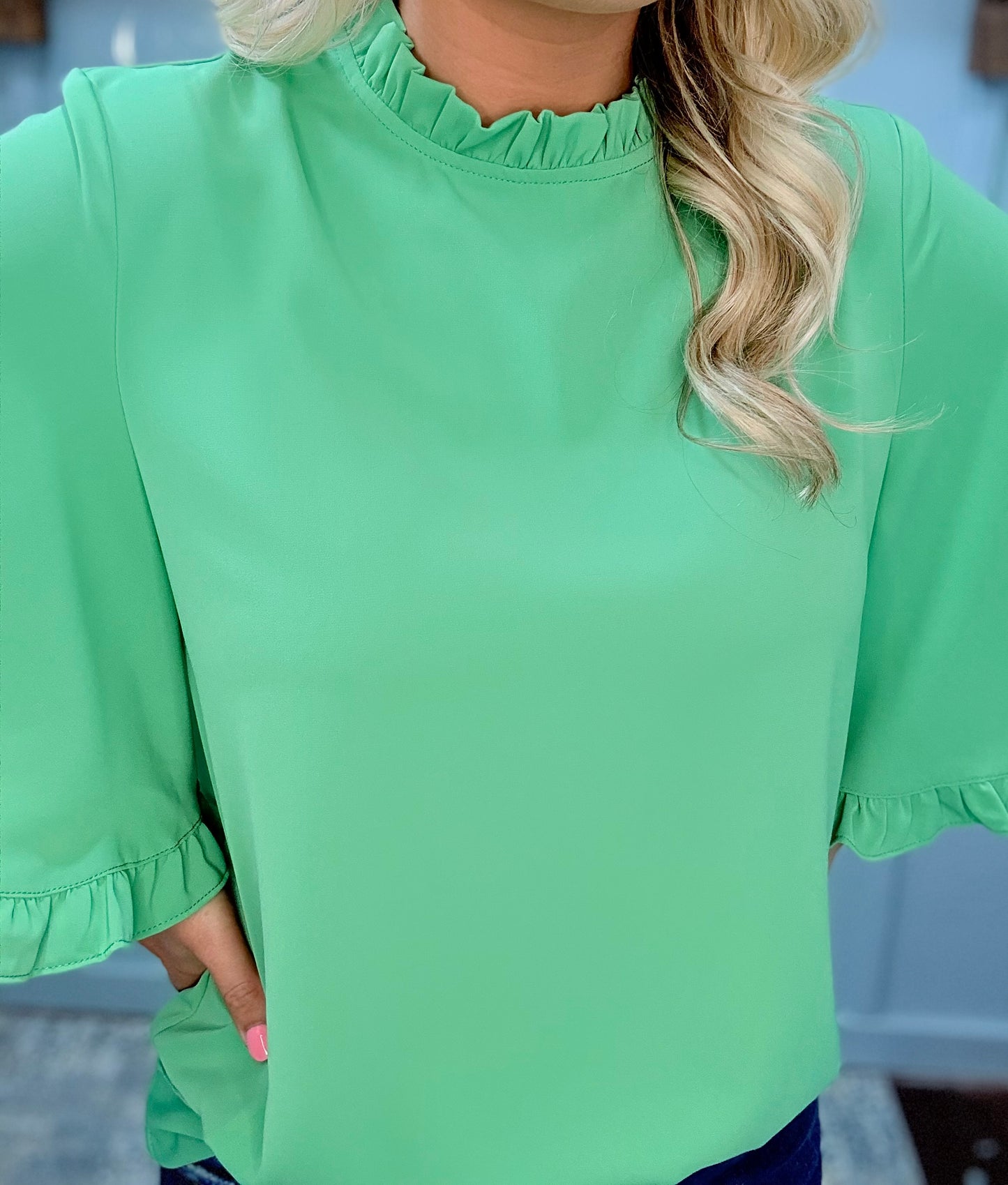 Green Frilly Round Neck Wide Half Sleeve Blouse