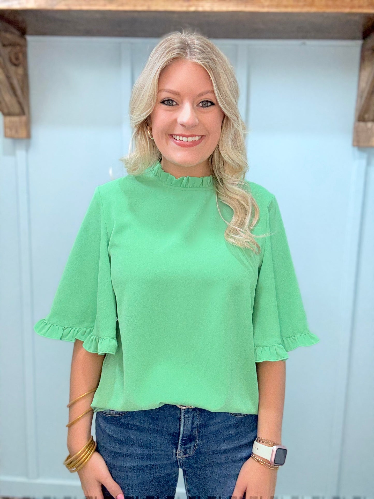 Green Frilly Round Neck Wide Half Sleeve Blouse