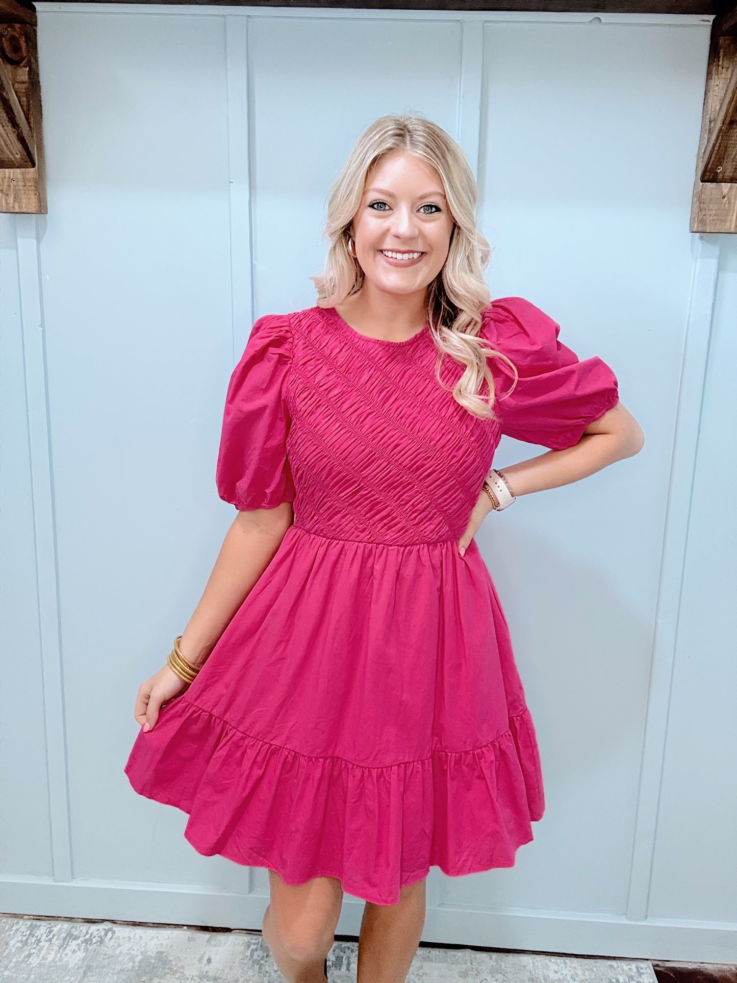 Pink Smocked Short Sleeve Dress