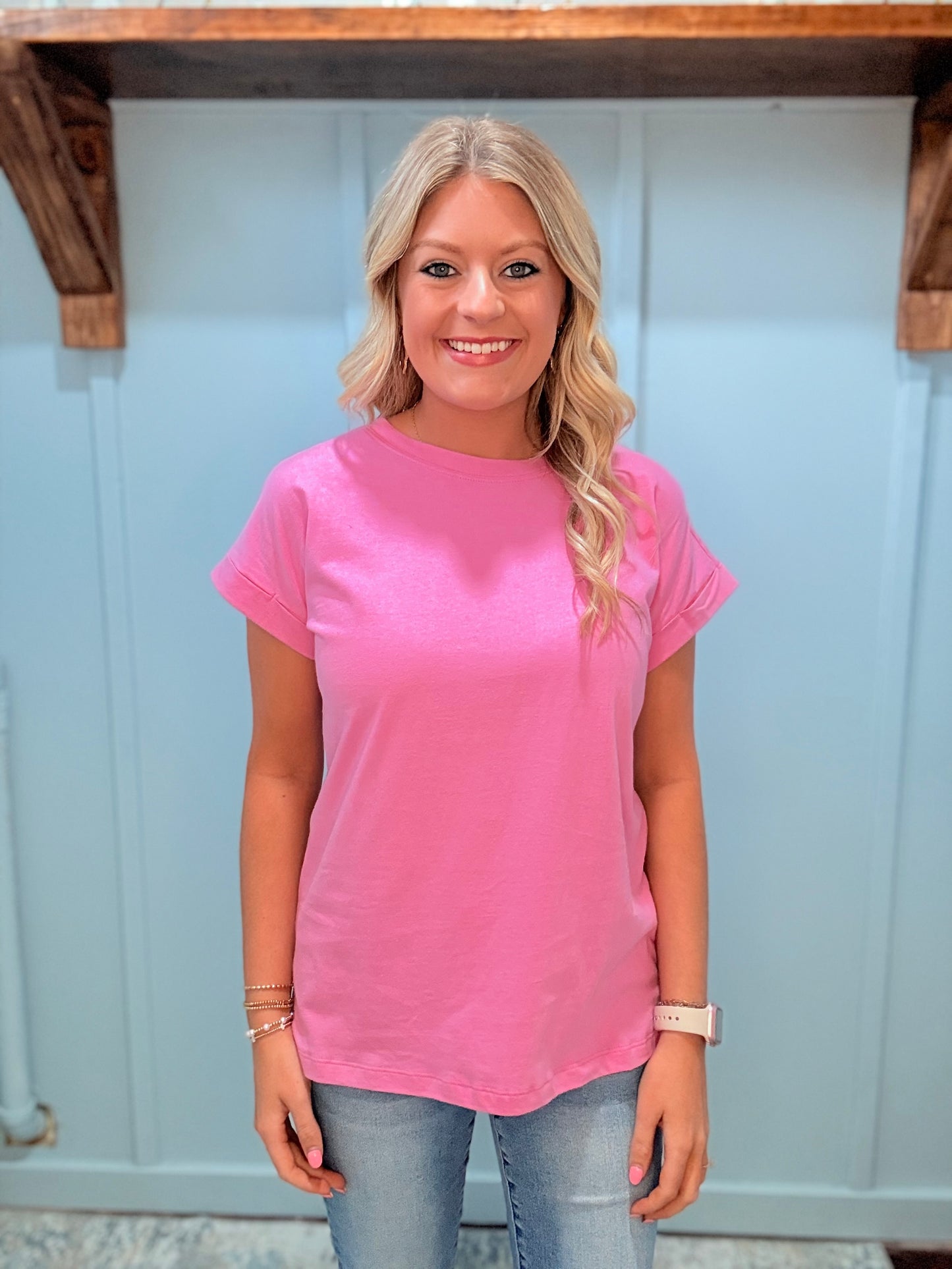 Candy Pink Cotton Rolled Sleeve Top