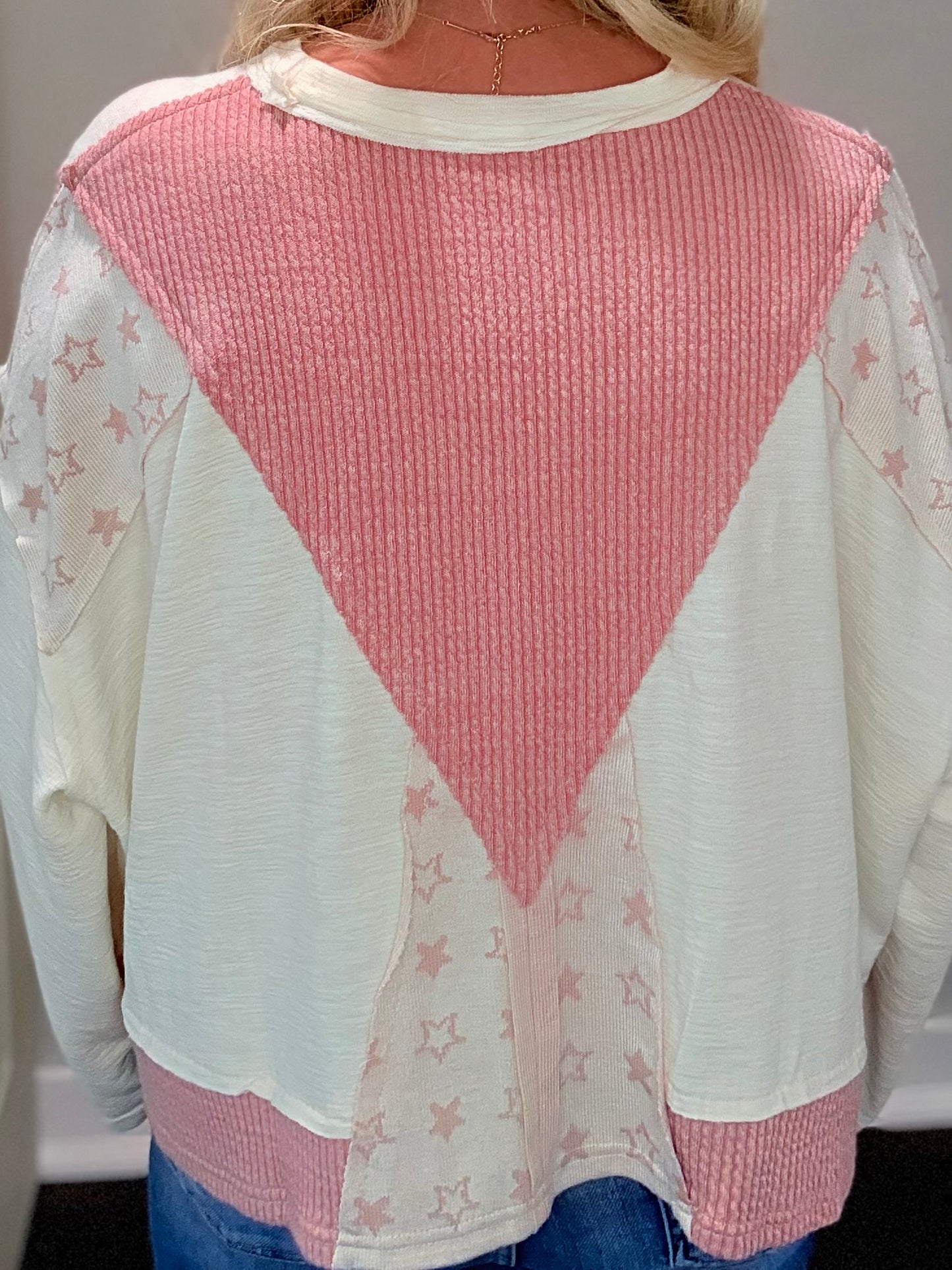 Long Sleeve Contrast Star Textured Knit Top
