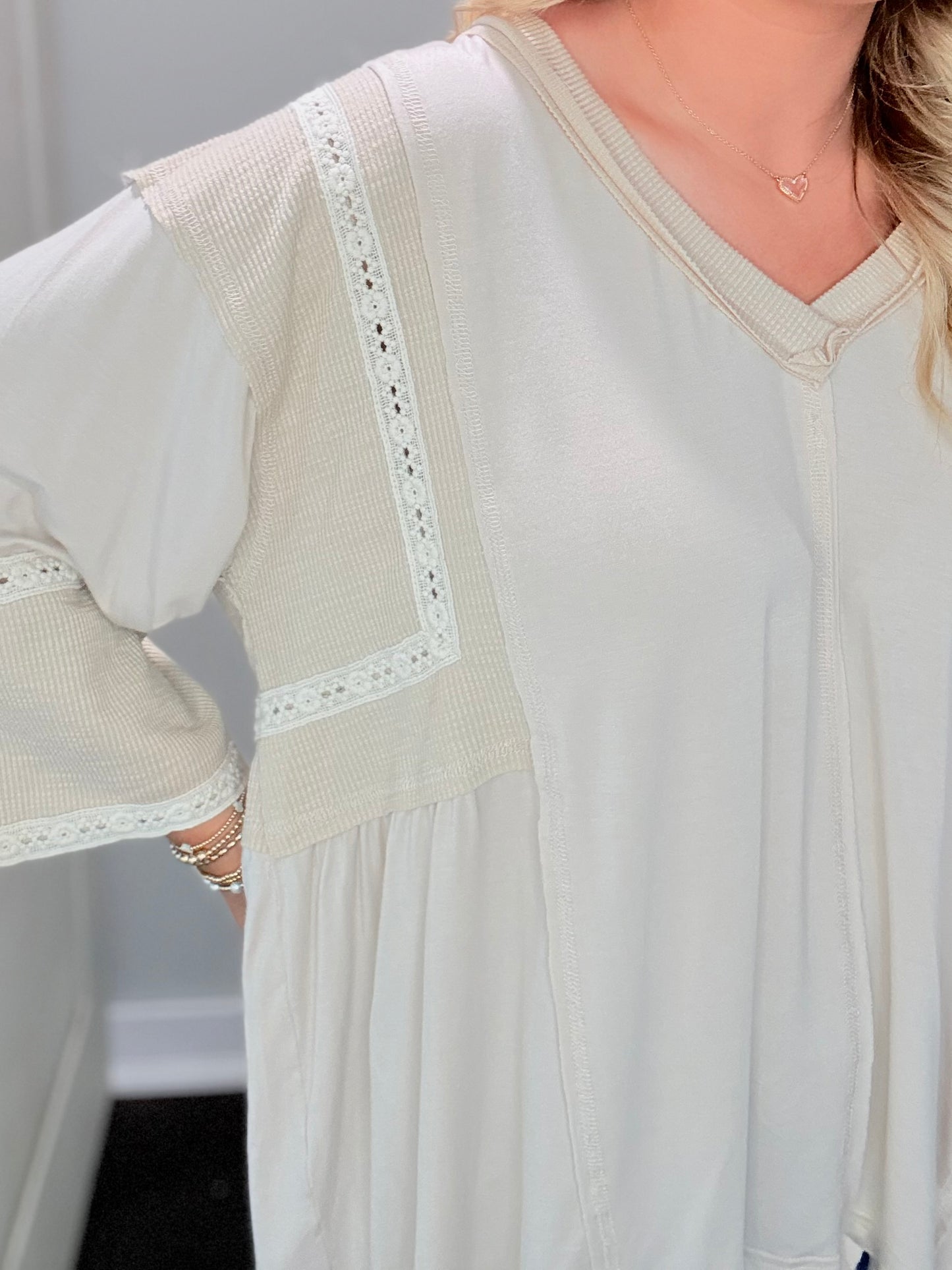 Oversize V-Neck Long Sleeve Lace Trim Knit Top