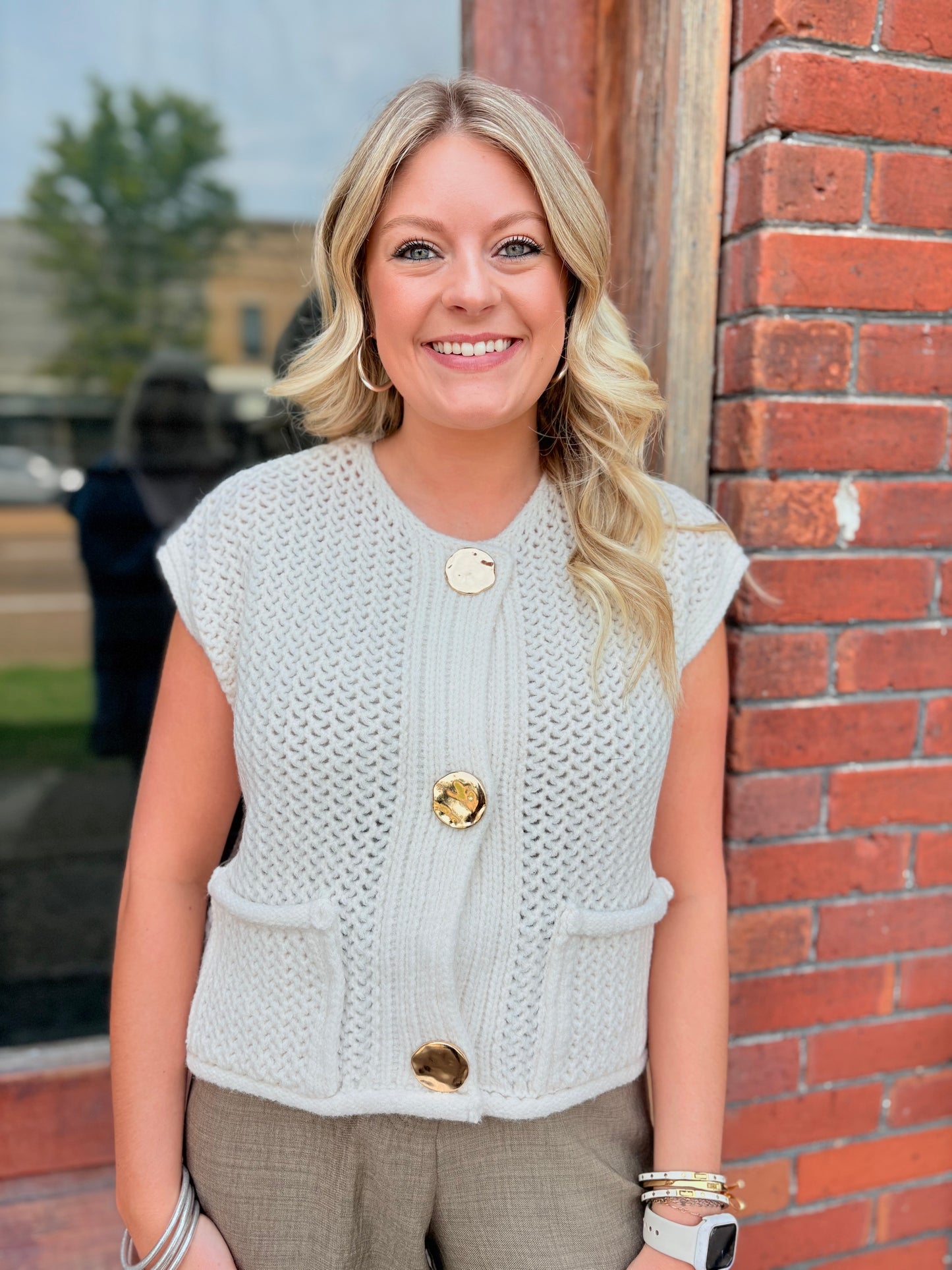 Cream Sweater with Gold Buttons