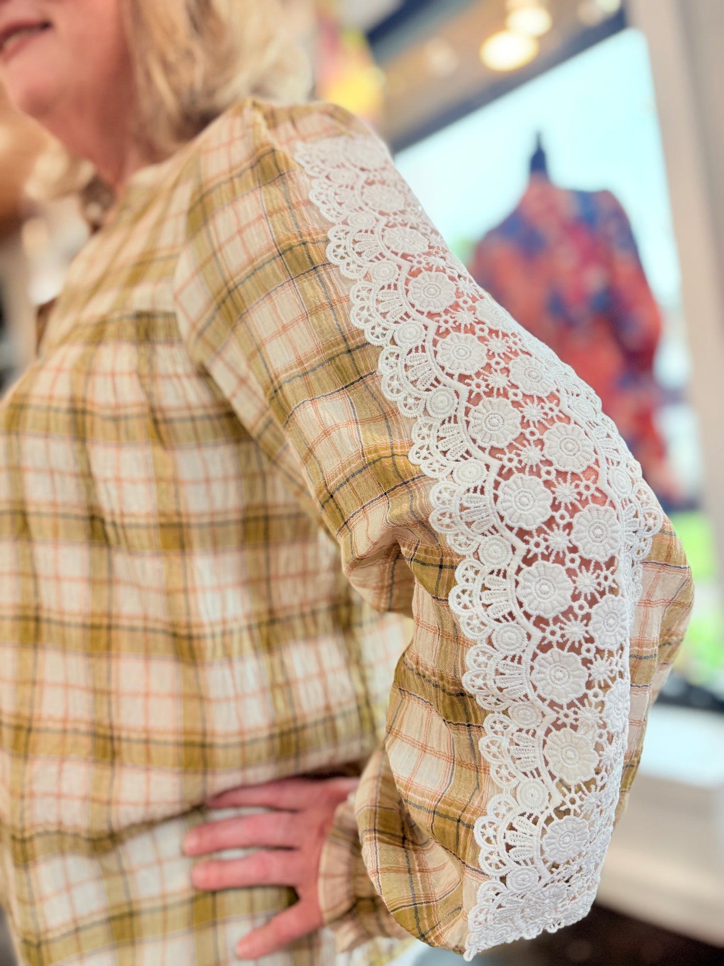 Lace & Plaid Combo Long Sleeve Blouse