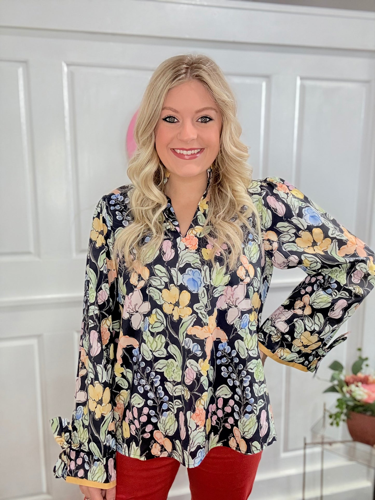 Navy Floral Drawstring Cuff Top