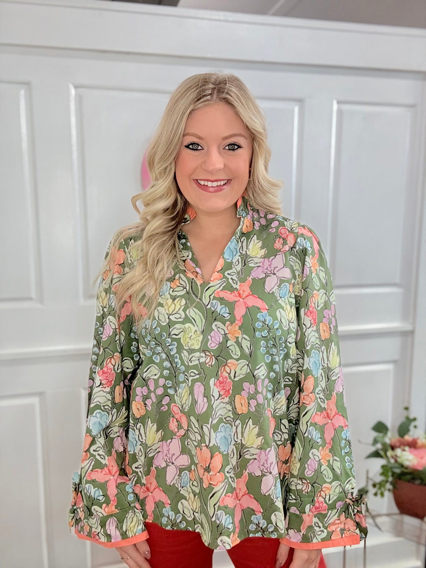 Green Floral Drawstring Cuff Top