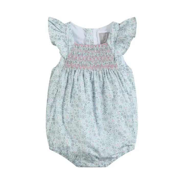 Floral Blue Dove Smocked Flutter Sleeve Romper