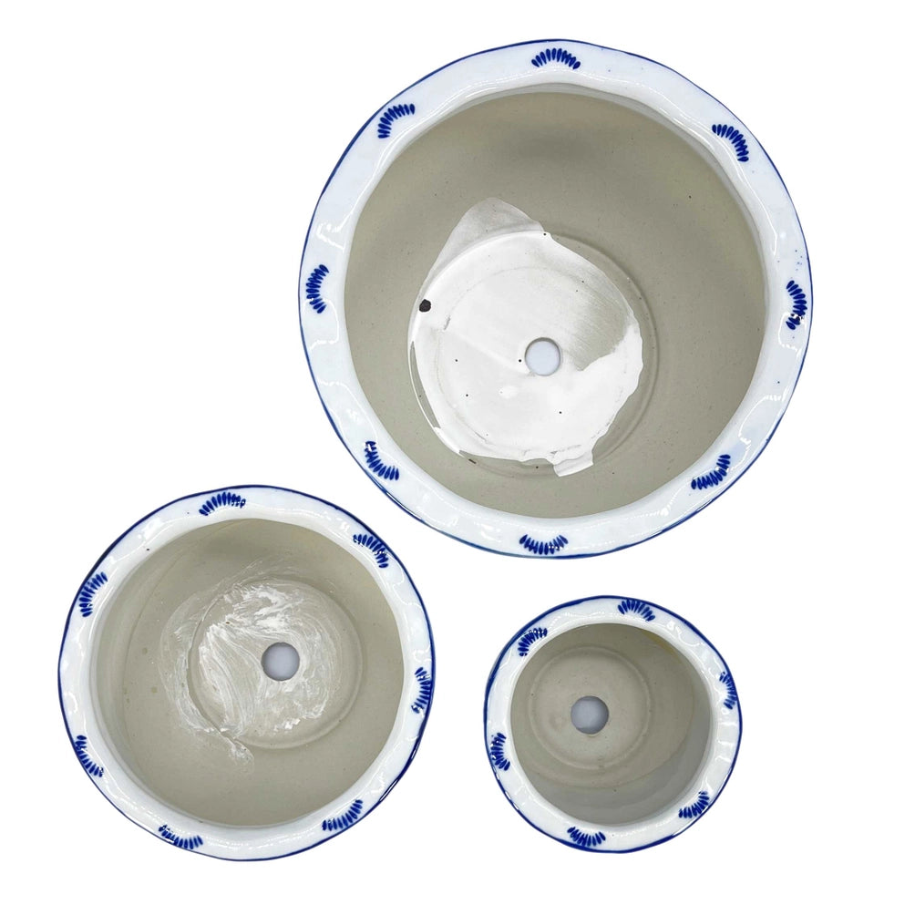 Blue & White Round Floral Ceramic Pots Ruffled Lip
