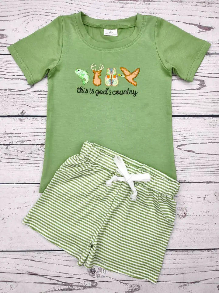 Baby Boy Green Applique Hunting Shorts Set