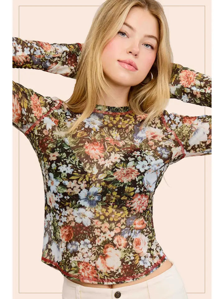 Semi Sheer Crew Neck Mesh Layering Top