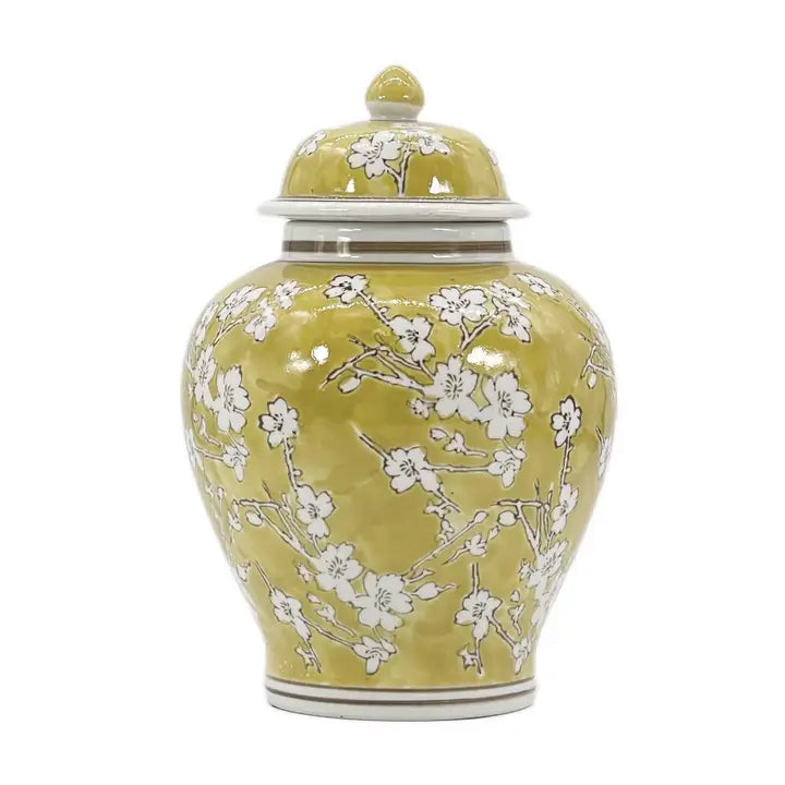 Yellow & White Ceramic Chinoiserie Jar