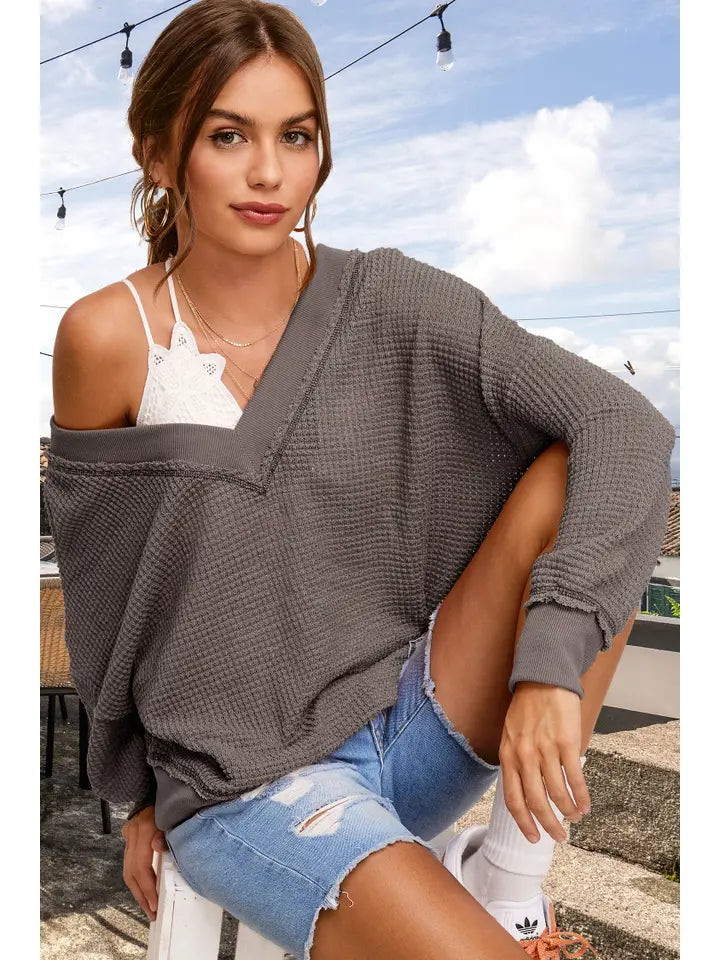 Charcoal Loose Fit V-Neck Waffle Knit Top