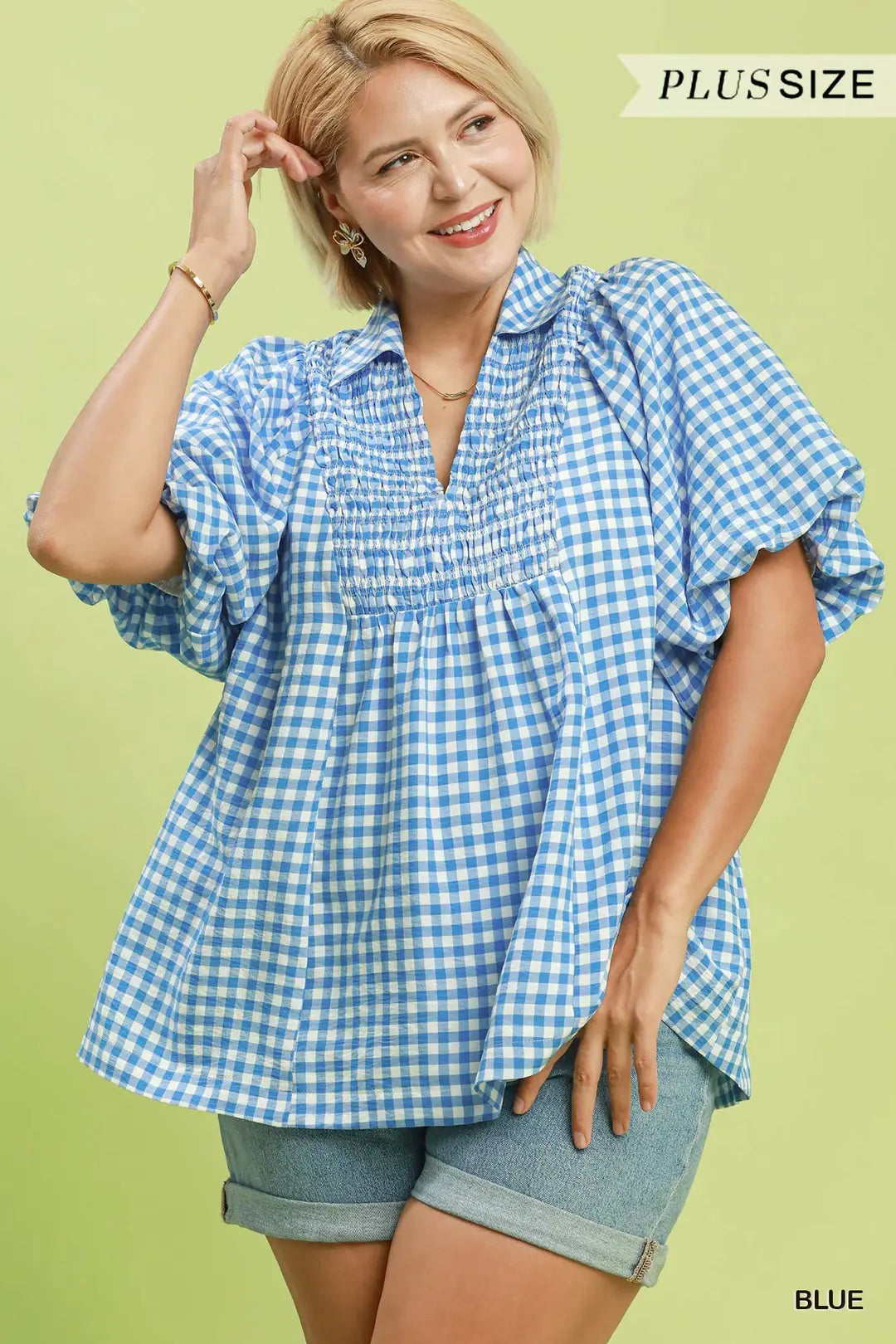 Plus Blue Smocked Yoke Gingham Blouse