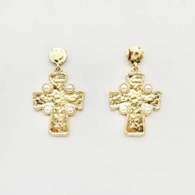 Worn Gold Hammered Cross with Pealr Accents