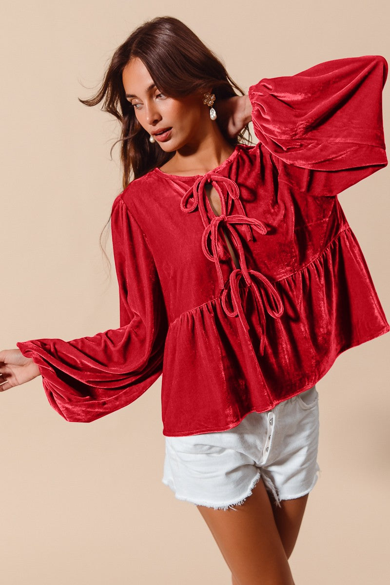 Red Velvet Bow Tie Blouse