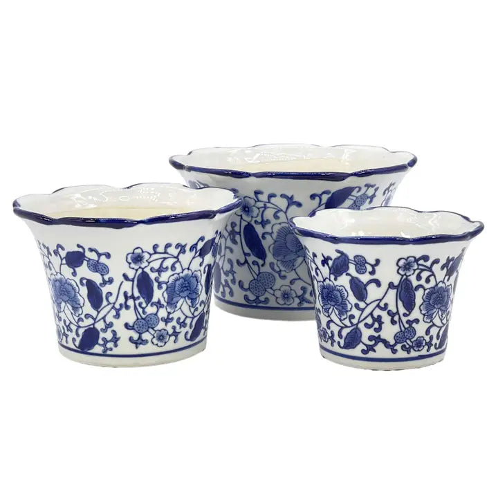 Fluted Pot - Large Scalloped Edge Ceramic Chinoiserie Planters