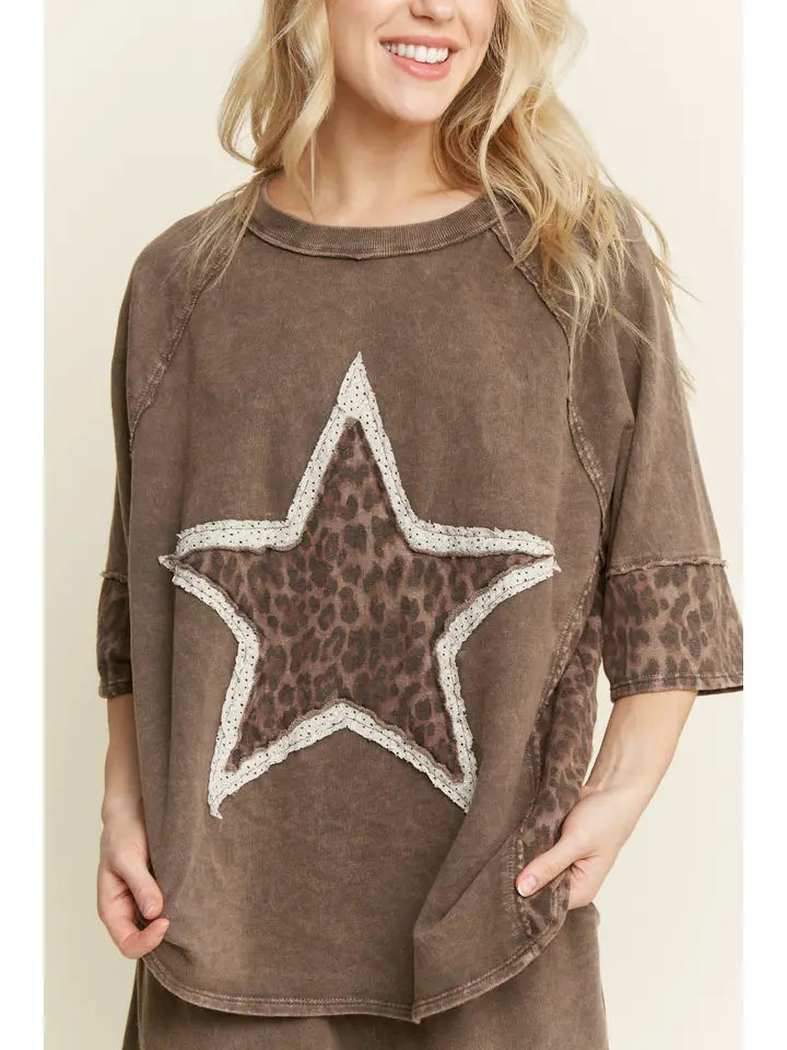 Mineral Washed Leopard Star Half Sleeve Top