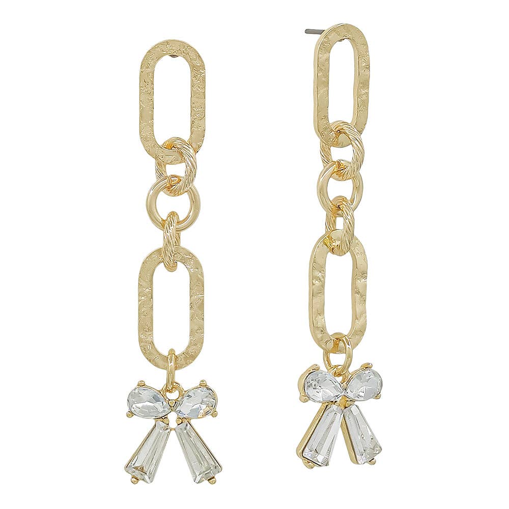 Gold Hammered Open Oval with Rhinestone Bow 2" Drop Earring