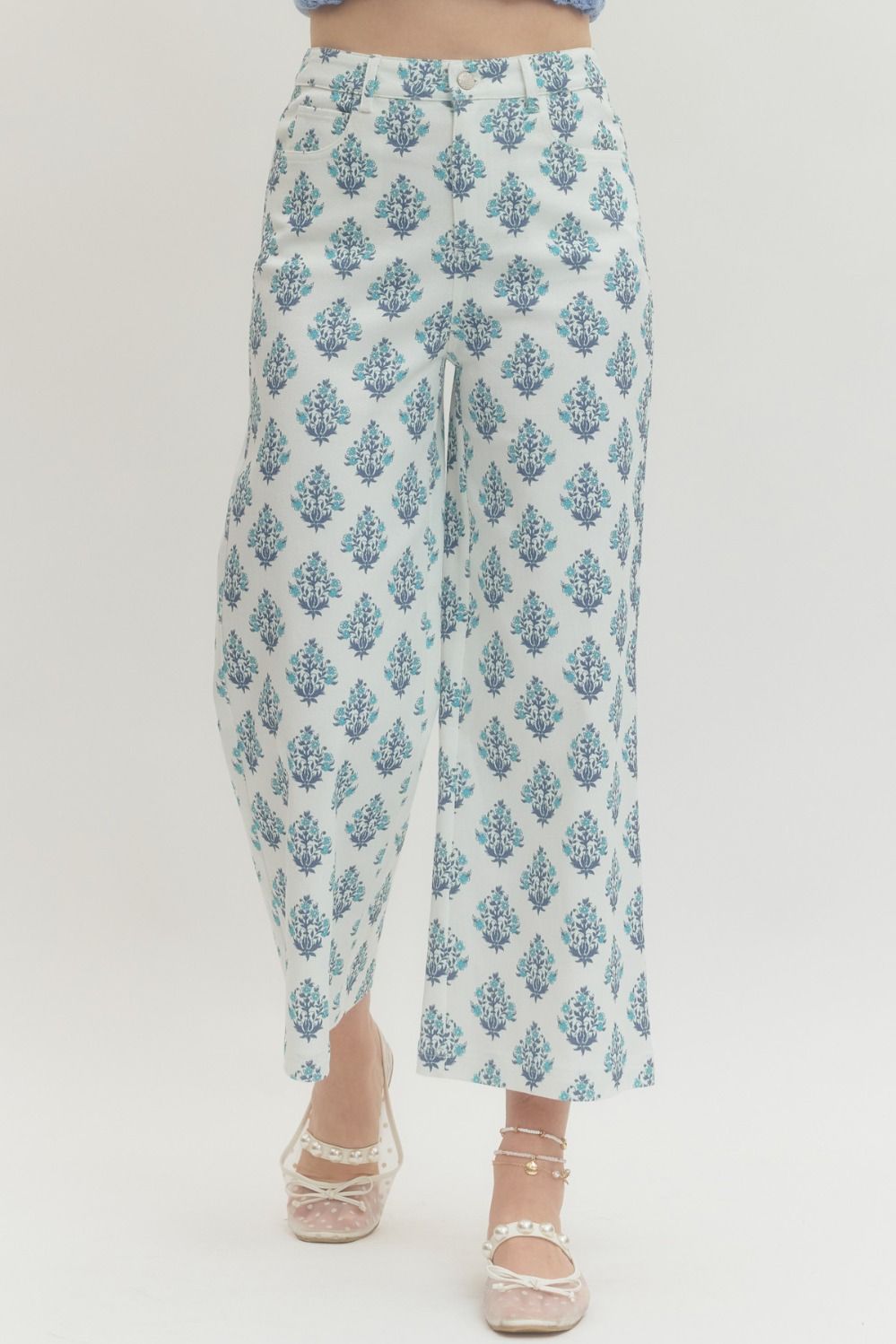 Blue and White Floral Print Pants